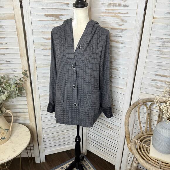 HABITAT Women's L Double Face Windowpane Relaxed Jacket Artsy Lagenlook Gray Blk - Picture 6 of 16